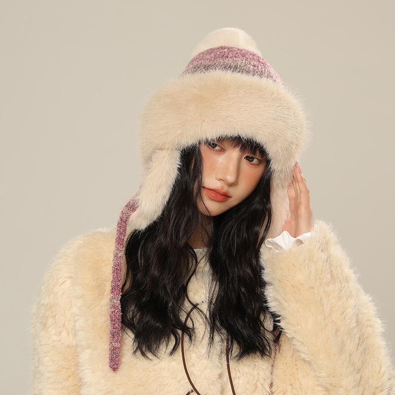 New Bomber Hat Women Thickened Faux Fur Hat Winter, Keep Warm Ear Hat, Cold-Proof Ski Hat