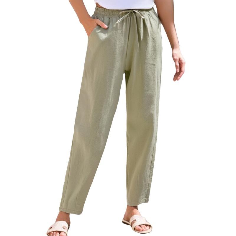 Foreign trade new women's clothing summer pants casual loose drawstring solid color elastic waist cotton and linen women's nine-point pants