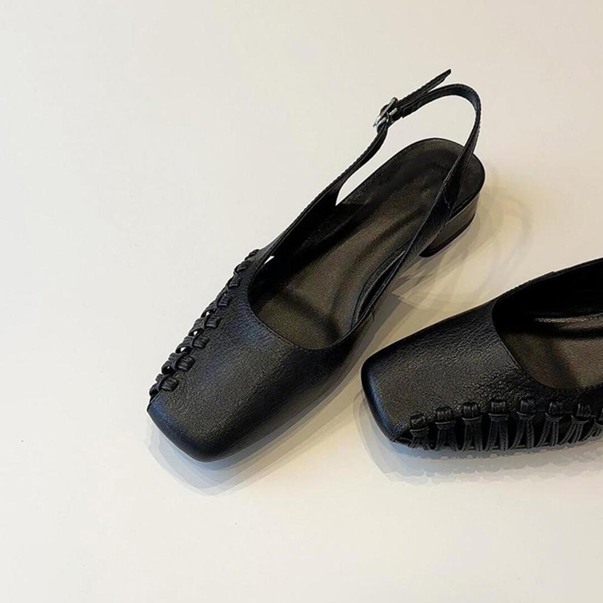 

Sheepskin temperament elegant woven hollow bag head shoes women s summer retro word with leather low heel empty sandals women s 35