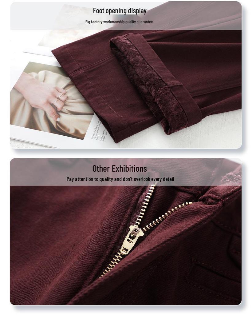 Ancola Women's Red Fleece-Lined Vintage Straight-Leg Jeans - Autumn/Winter 2024 Loose Slim-Fit Wide-Leg Pants.