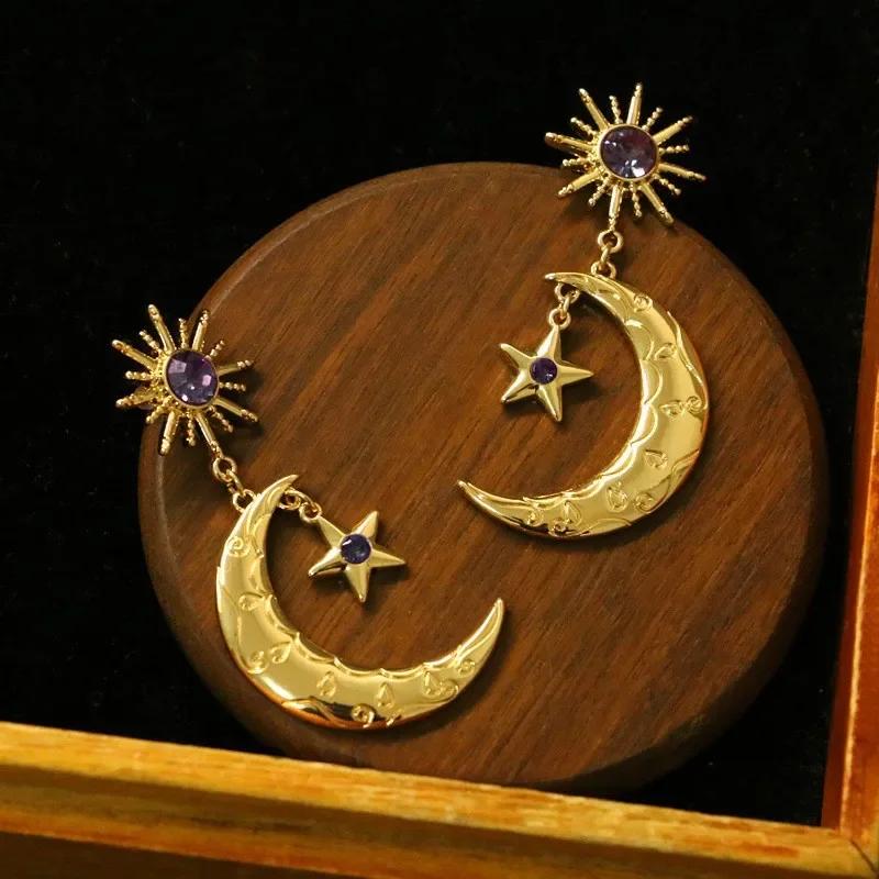 New Fashion Sun Star Moon Drop Earrings Women Purple Cubic Zircon Dance Bohemia Handmade Crystal Moon Star Drop Dangle Earring