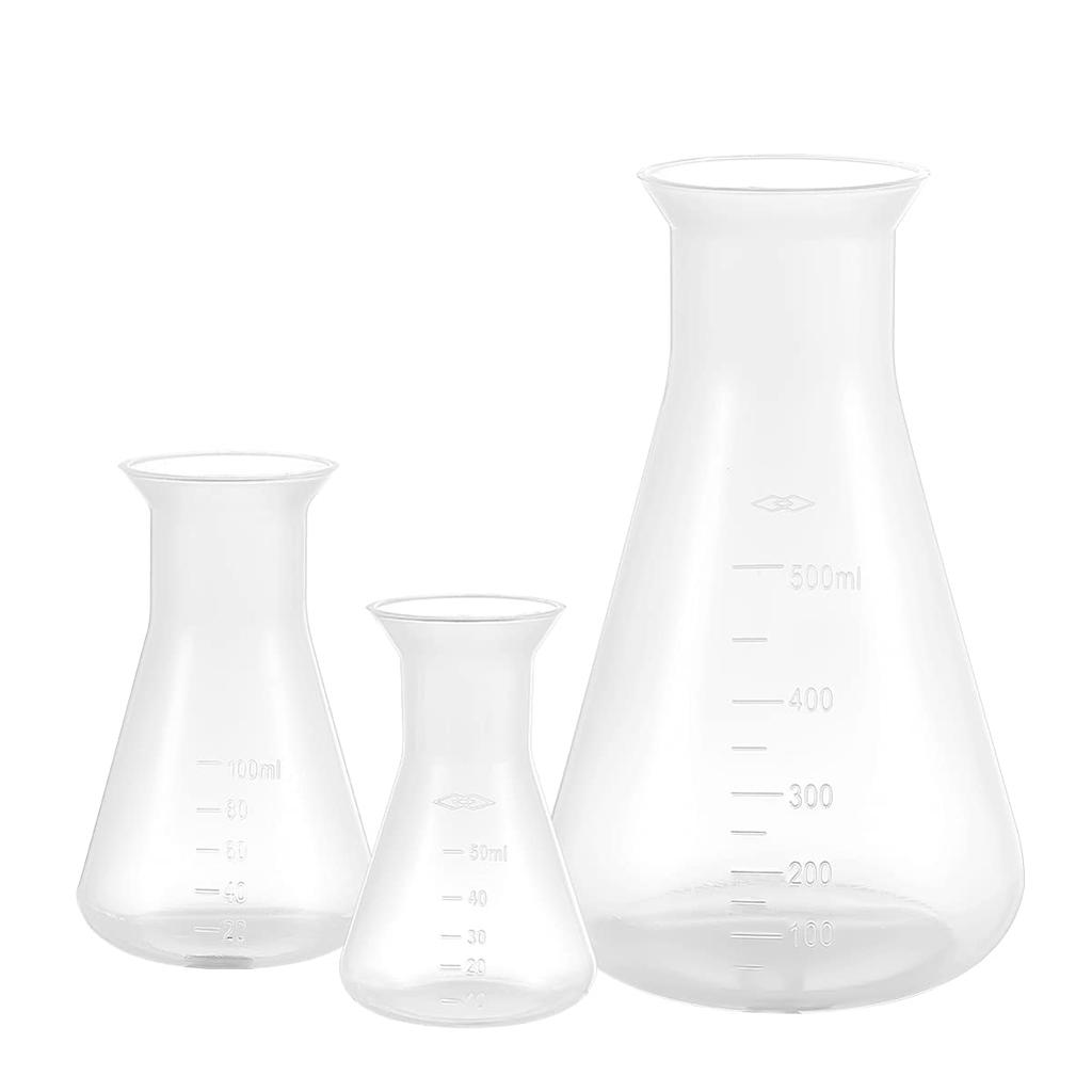 TEHAUX Erlenmeyer Flasks, Plastic Conical Flasks for Lab Use, for Kids and Students, Education and Learning, 50ml, 100ml, and 500ml, Set of 3