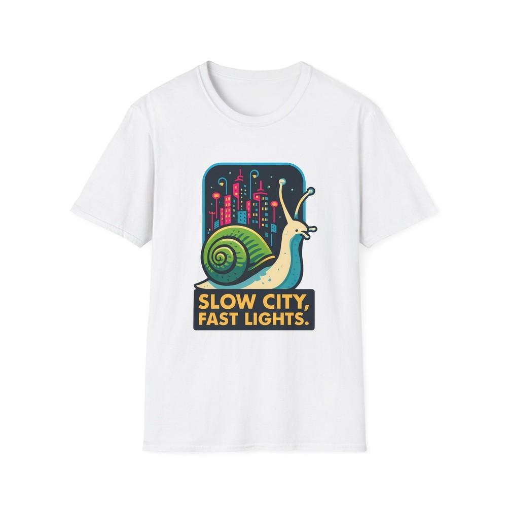 

Unisex Softstyle T-Shirt Whimsical Snail Urban Nightlife Slow Living Art M