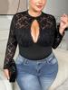 Plus Size Lace See-through Bodysuit with Open Crotch and Hollow-out Design