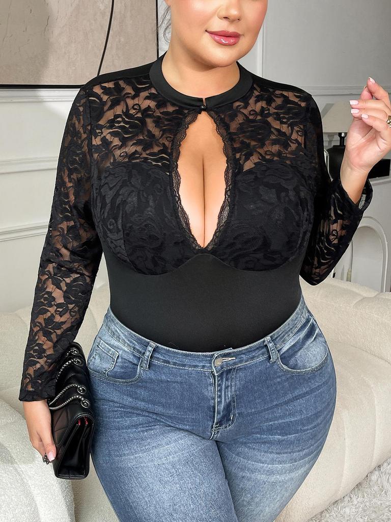 Plus Size Lace See-through Bodysuit with Open Crotch and Hollow-out Design