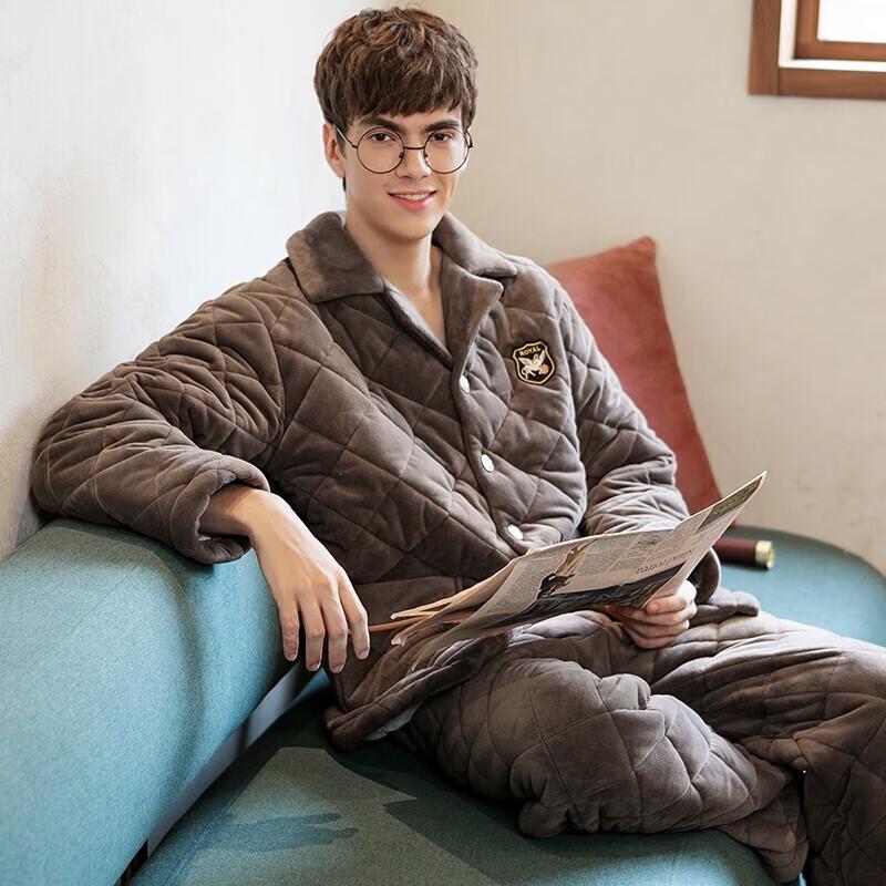 Fenteng Herren Verdicktes Dreilagiges Gestepptes Korallenfleece Pyjama-Set