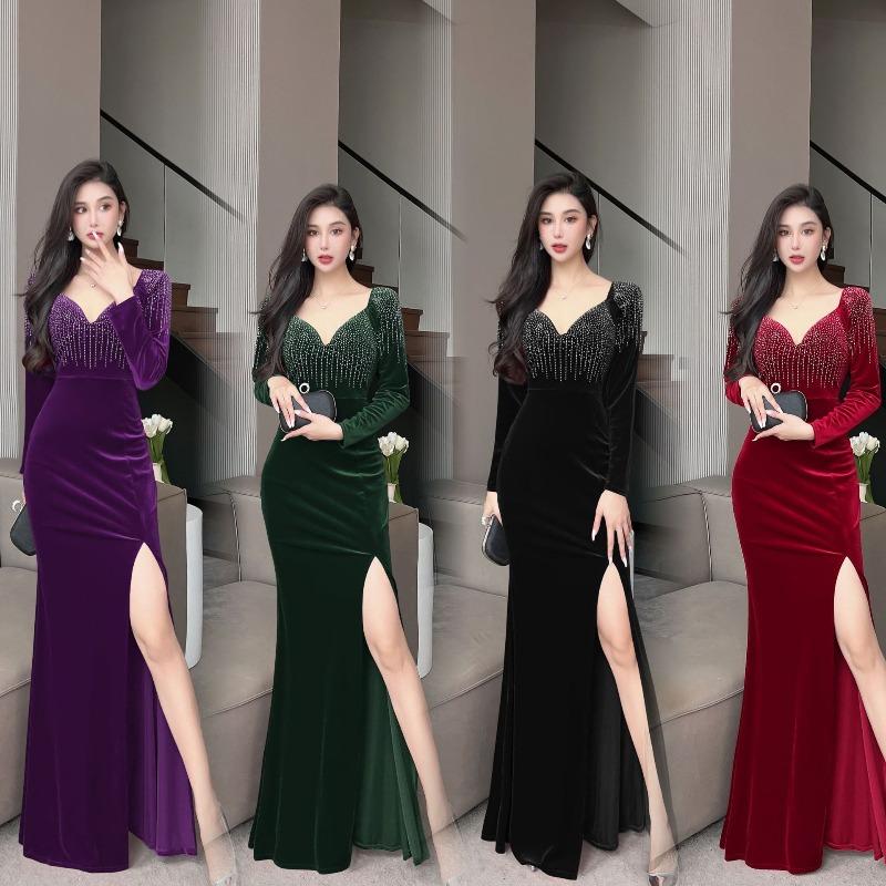 Black Evening Dress Dress Women's New Banquet Temperament Fishtail High-end Velvet Dress High-end Sense Will Winter