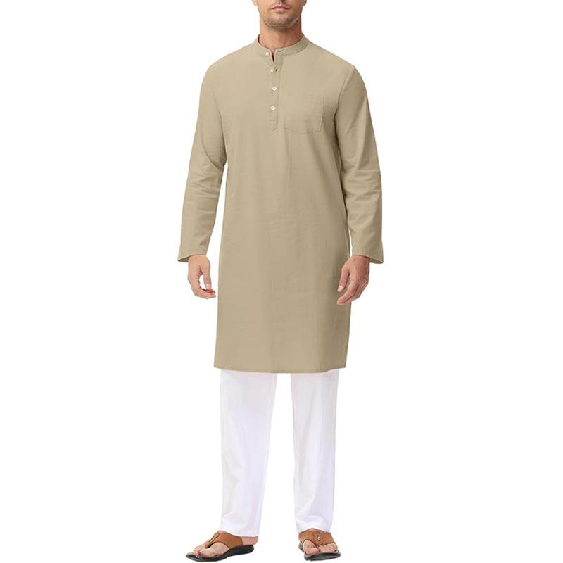 Heren Etnische Stijl Gewaad Lange Mouw Katoen Thobe Zijsplit Knopen Gewaad Henley Casual Shirt Heren Ademend Los Traditioneel Midden-Oosten Dagelijkse Kleding