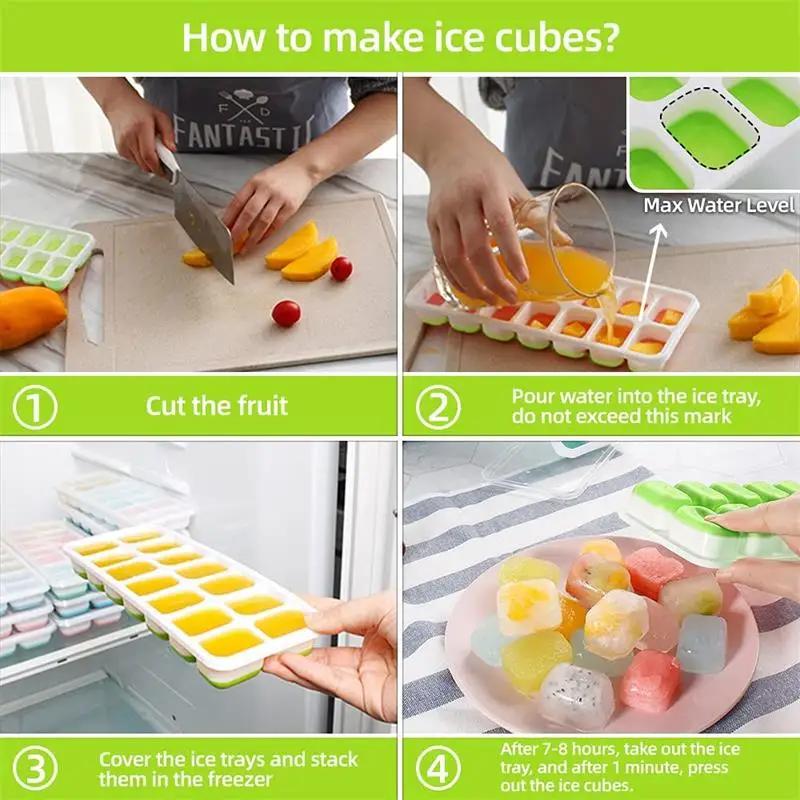 14 Grids Ice Cube Trays Reusable Silicone Ice Cube Mold Fruit Ice Maker with Removable Lids Kitchen Tools Freezer Summer Mould