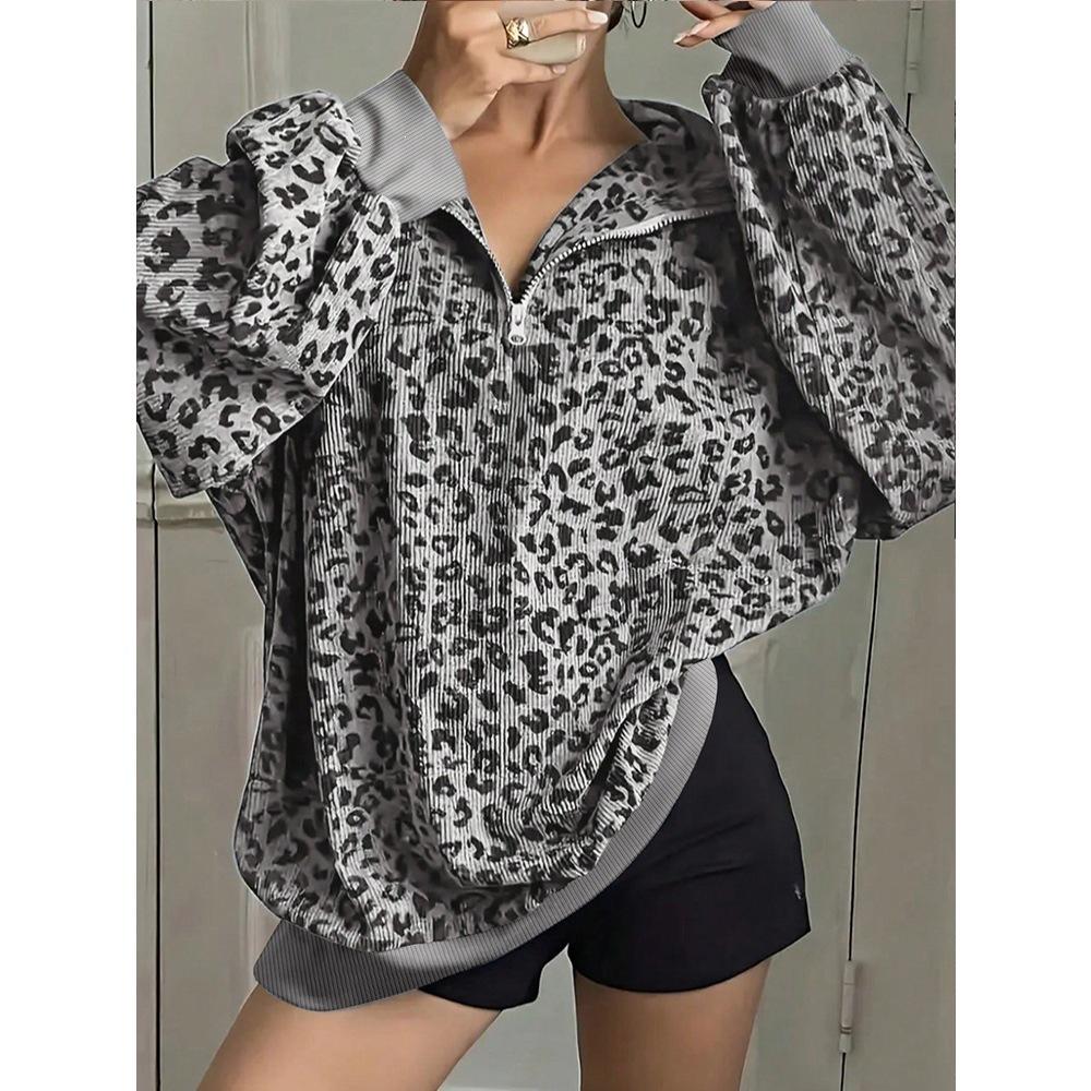 Fall/Winter New Style Women's Leopard Print Loose Fit Sport Shirt with Collar Sweater
