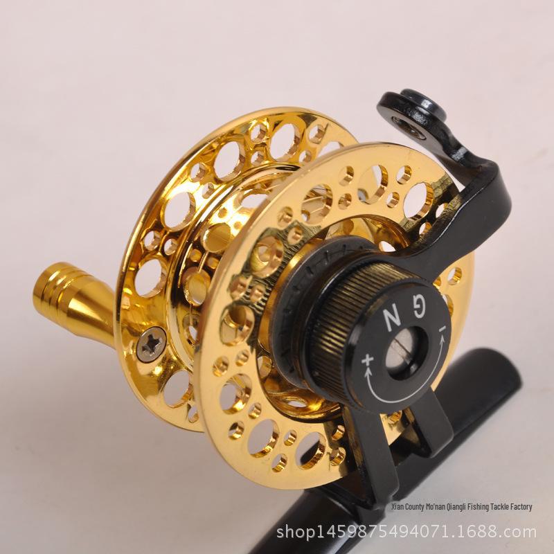 Angelrolle: Vollmetall-Frontrolle mit Eisangelschnur, Handrute und Mittel-Durchlauf-Rolle