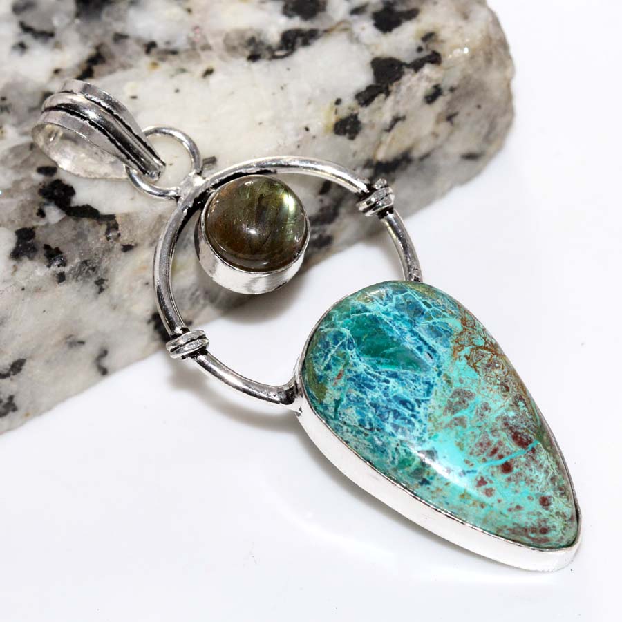 Long Chrysocolla Fiery Labradorite 925 Silver Plated Pendant 2.2" Trendy R9h25
