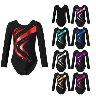 Kids Girls Shiny Rhinestone Decor Gymnastics Leotard Round Neck Long Sleeve Fitness Dance Bodysuit Outfit