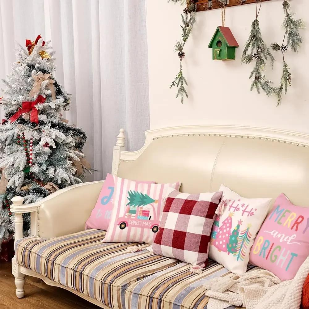 Pink Christmas Throw Pillow Covers 18x18 Inch Set of 4 Striped Truck Xmas Trees Farmhouse Holiday Cushion Cases for Home Decor