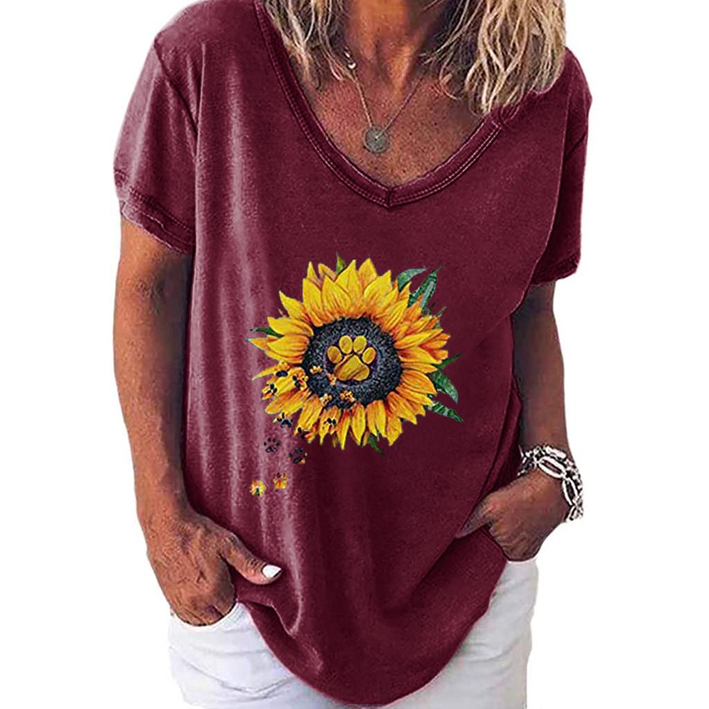 Womens Casual V Neck T-shirt Short Sleeve Letter Print Blouse Tops