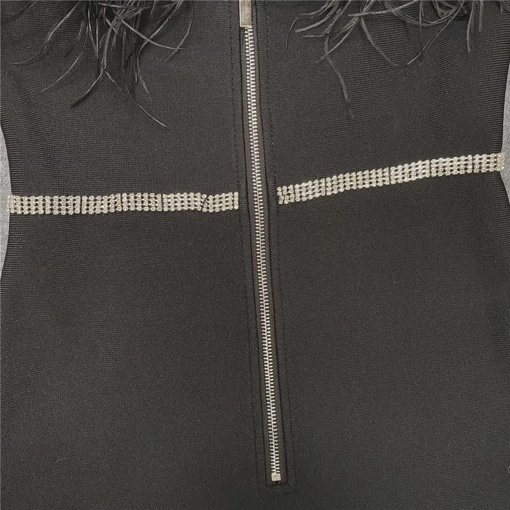 "European & American Women's Sexy Celebrity Feather Slit Bandage Midi Dress with Diamonds"