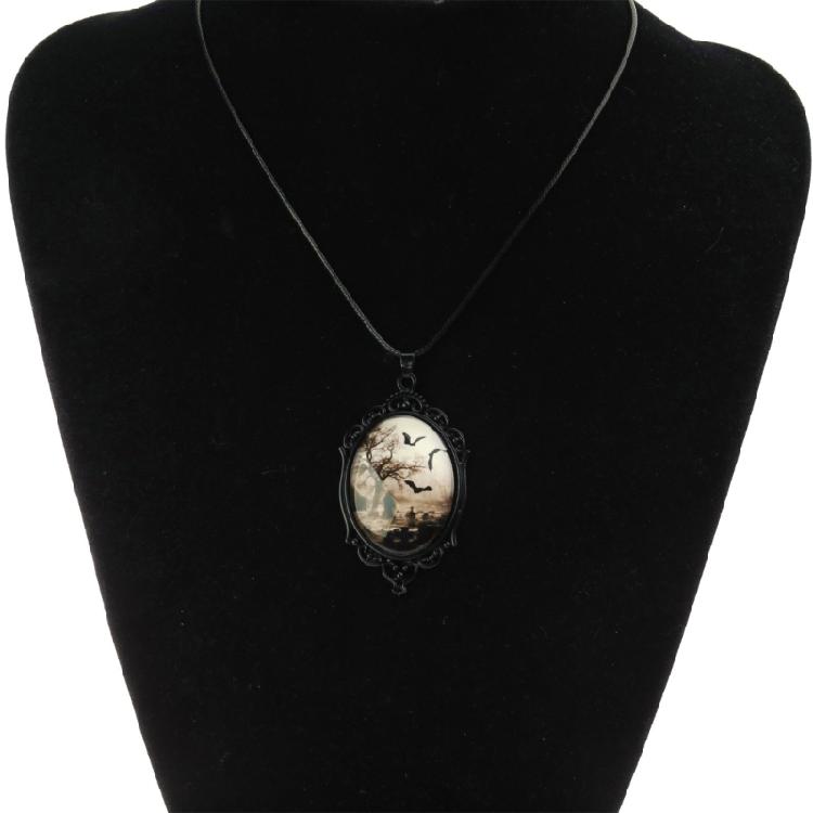 Vintage Bat Cemetery Glass Pendant Necklace Clavicle Chain Halloween Jewelry