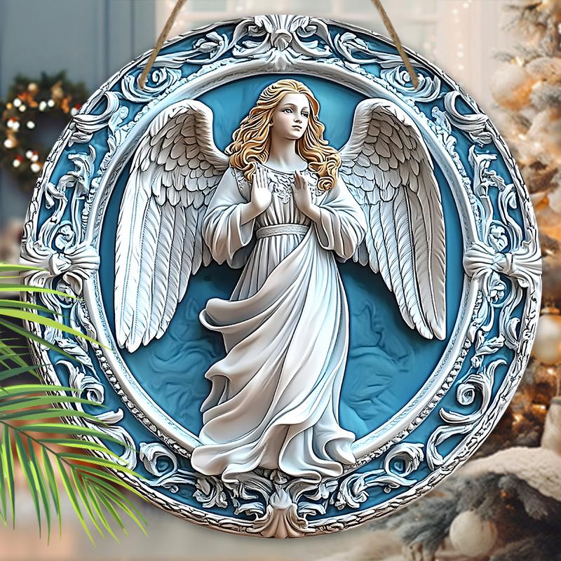 Holy Angel Wooden Sign - Beautiful Angel Round Artwork for Front Door Wall Home Hanging Decoration