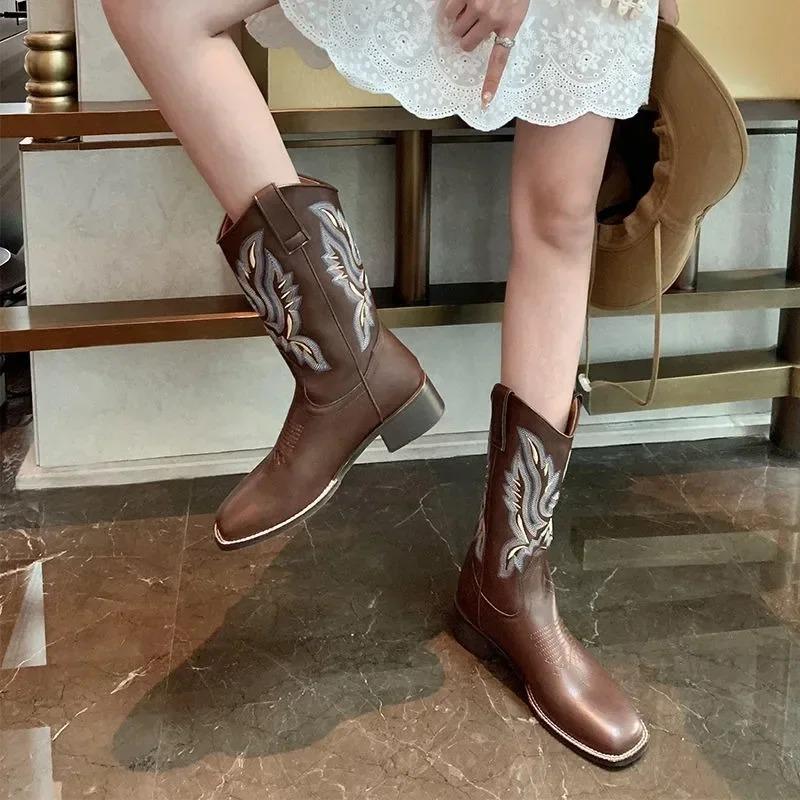 Retro Women Boots Classic Embroidered Western Cowboy Boots Square Toe Design Women Knight Boot Quality Leather Mid-Calf Booties