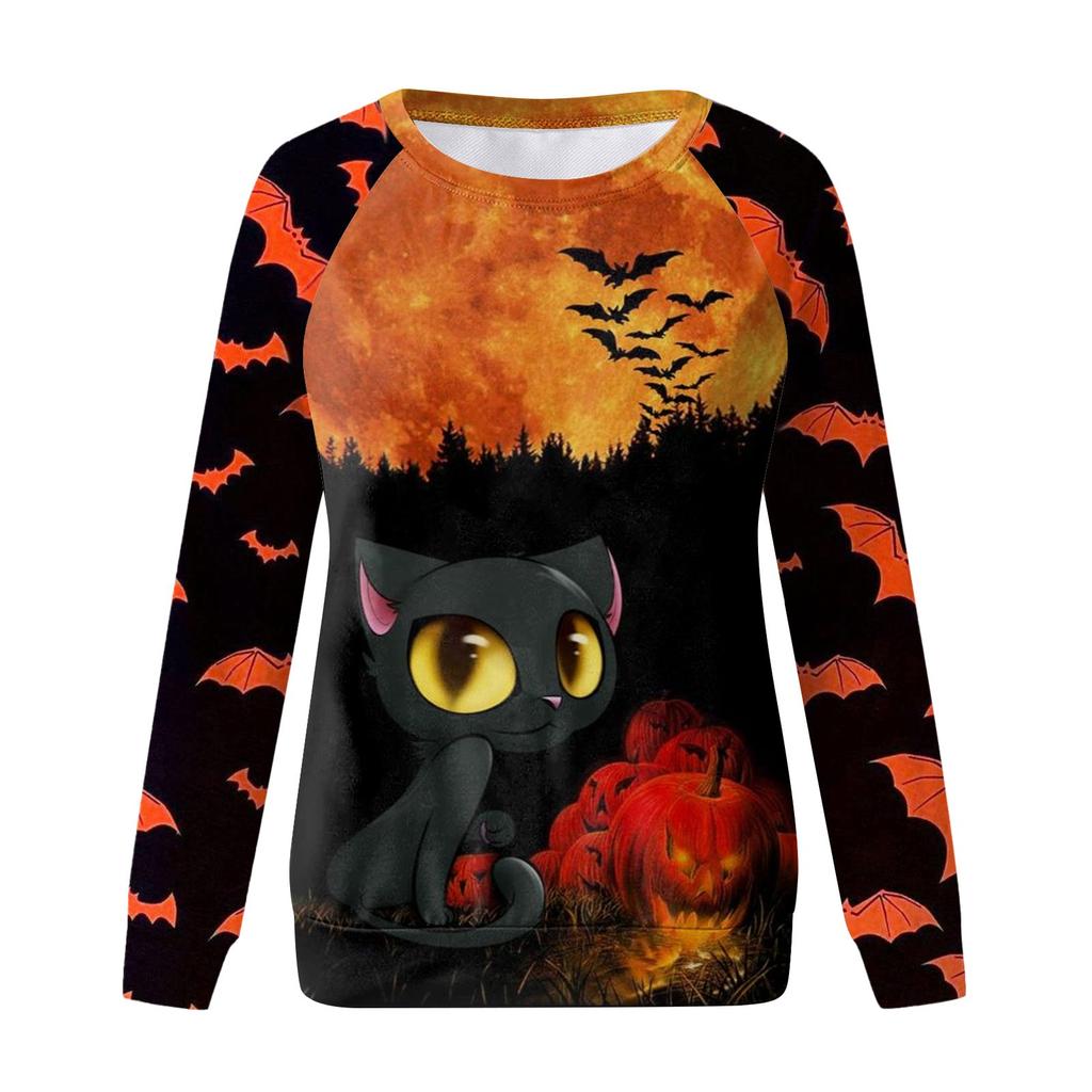 Dames avslappet mote Halloween-trykk langermet genser T-skjorte topp