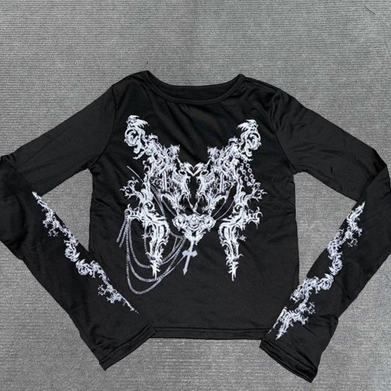 European and American Women's Abstract Printed Slim Fitting Long Sleeved Top T-shirt