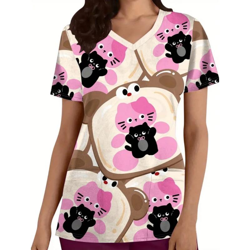 Woman Cute Cat Pattern Print V-Neck Short Sleeve Nurse Uniform Tops Comfortable with Pockets Medical Clothes
