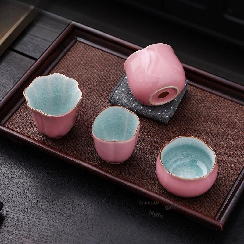 Pink Ru Kiln Ice Cracked Glaze Porcelain Teacup Antique Tea Bowl Tea Pair Tea-tasting Meditation Cup Chazhan Master Cups Teaware
