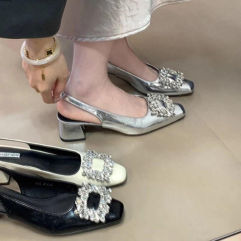 Women's Baotou Sandals Women's Summer 2025 New French Temperament Evening Fairy Rhinestone Thick Heel Silver Single Shoes Women