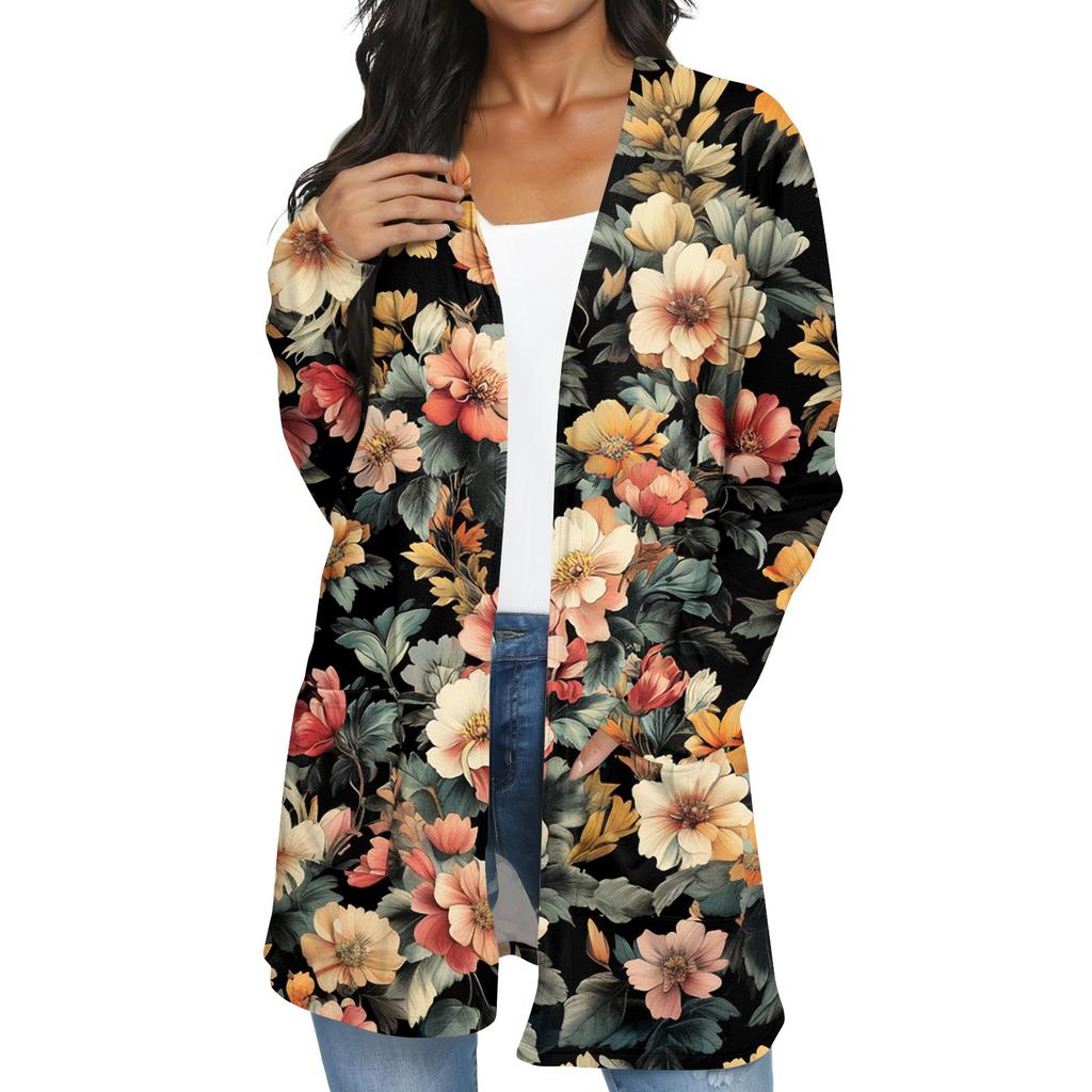Dam Mode Casual Retro Blommig Mellång Kofta Jacka