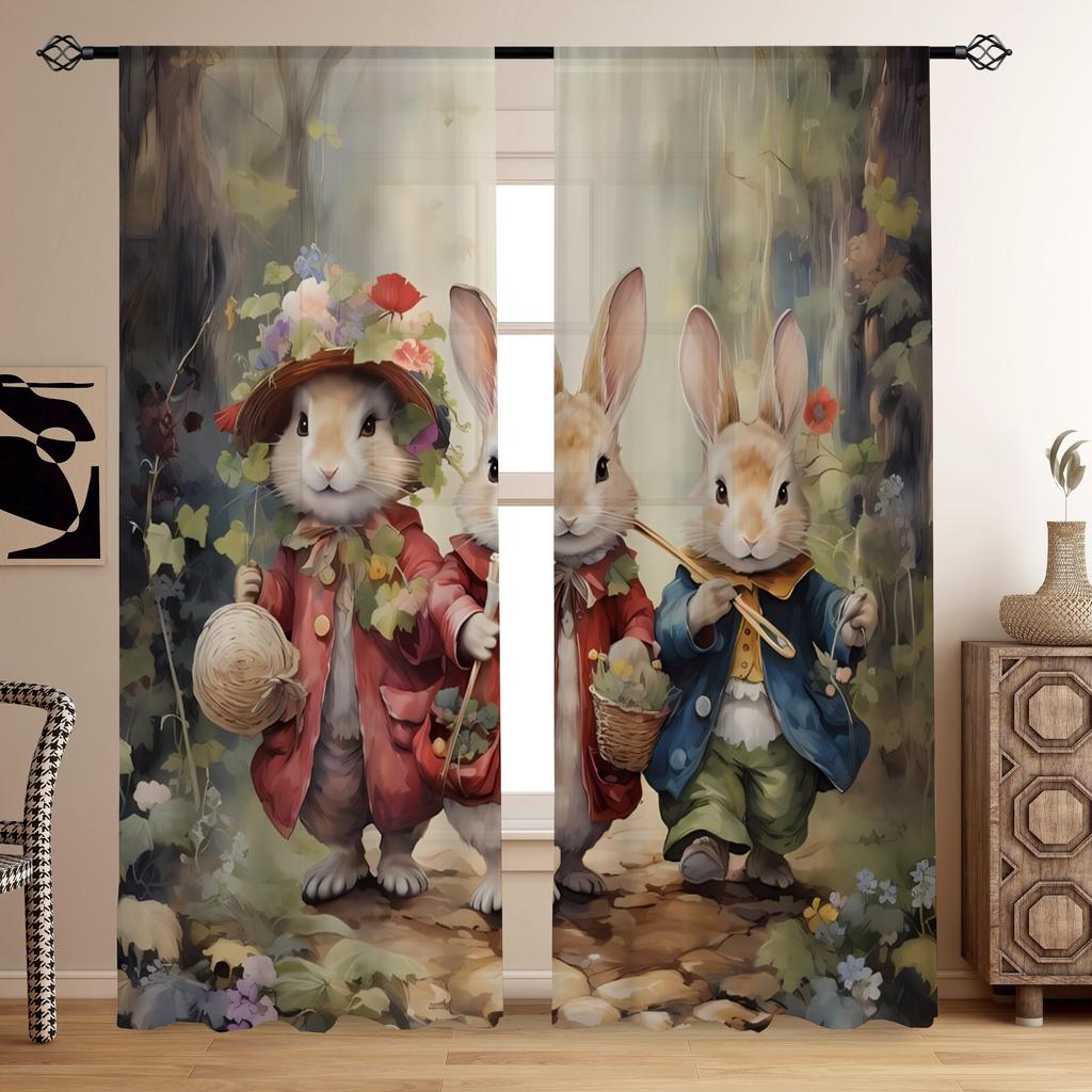 Set Easter Rural Rabbit Couple Print Design Semi-transparent Curtains Living Room Game Interior Room Bedroom Multi-scene Polyester
