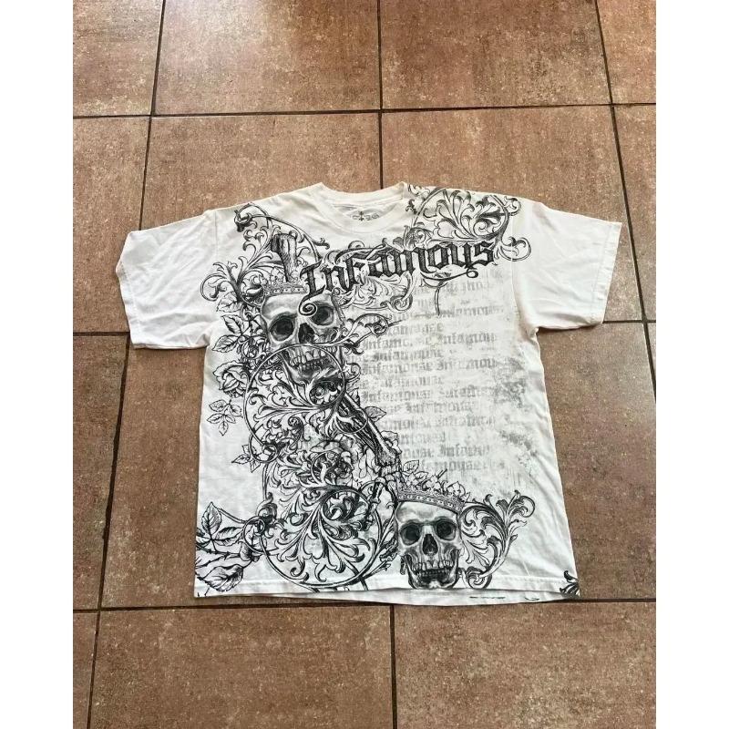 Y2K Red Gothic Thorn Totem Printing Harajuku Style T Shirt High Street Broken Feeling Mens Short Sleeves Couple Collocation