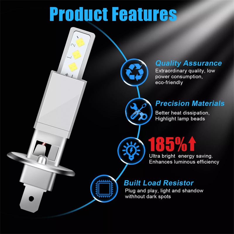 2Pcs 2000Lm H1 Led Headlight Bulb Car Head Fog Light 6000K White 12V-24V Super Bright,Plug And Play Fanless