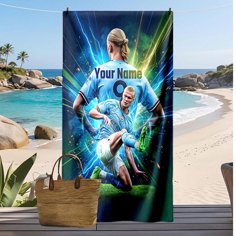 Asciugamano da Spiaggia Personalizzato Stampato Erling Haaland Logo Calcio Supporto Nome Personalizzato Testo Asciugamano Assorbente Per Sport Viaggio Regalo Speciale