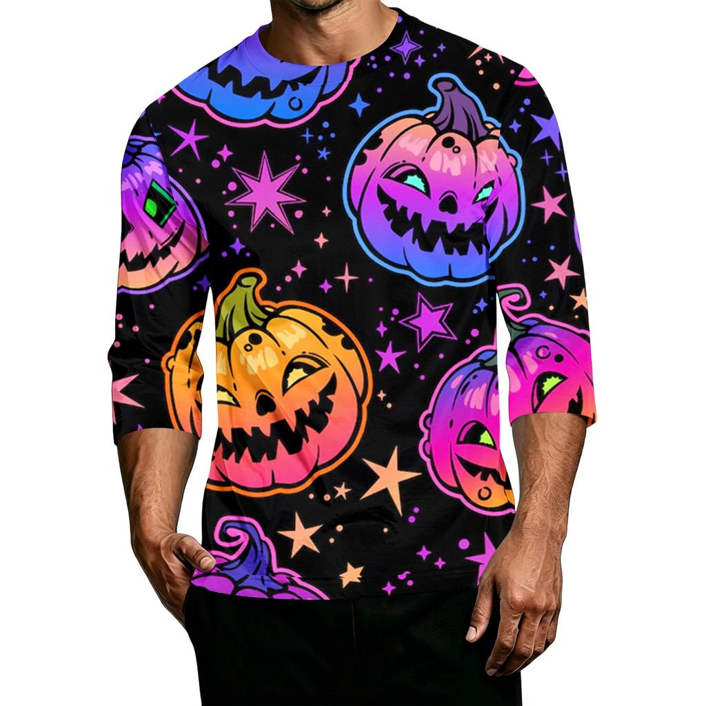 Men's Casual Halloween Pumpkin Print Crew Neck T-Shirt Three Quarter Sleeve Comfortable Fit Lightweight Fabric