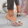 Fashion Brand Design Silver Mesh Strap Sandals Women 2025 Summer Glitter Bowknot Decoration Slippers Sexy High Heels Party Dress Shoes
