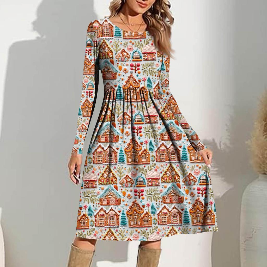 Robe Décontractée Imprimée Dégradé pour Femmes Printemps Poche Col Rond Robes Manches Longues