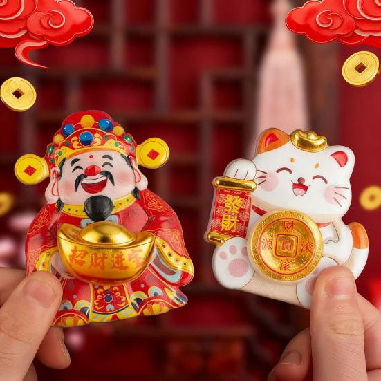 2Pcs God of Wealth Refrigerator Magnet Rotatable Home Office Kitchen Fortune Cat Magnetic Whiteboard Locker Fridge