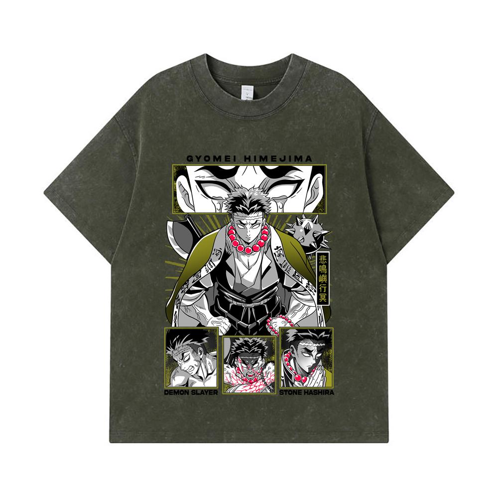 

275 GSM Washed T-shirts 100% Cotton Demon Slayer V84 Gyomei Print Unisex Heavy Cotton T Shirt S армия зеленый