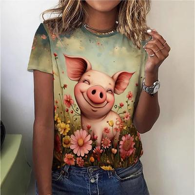 Verão Gola Redonda Estampa Animal 3D Top Camisetas Femininas Casuais da Moda de Manga Curta