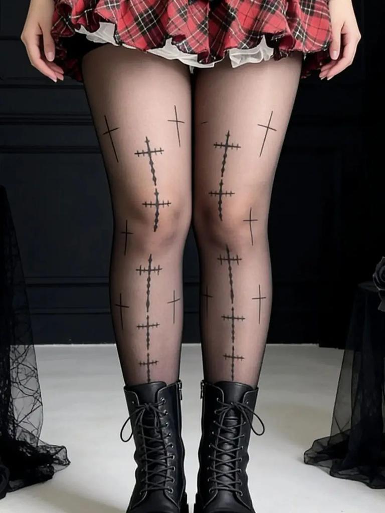 1 Pc Women'S Black Sheer Tights With Cross Print, Gothic Edgy Hosiery For Nightclub & Gothic Outfits
