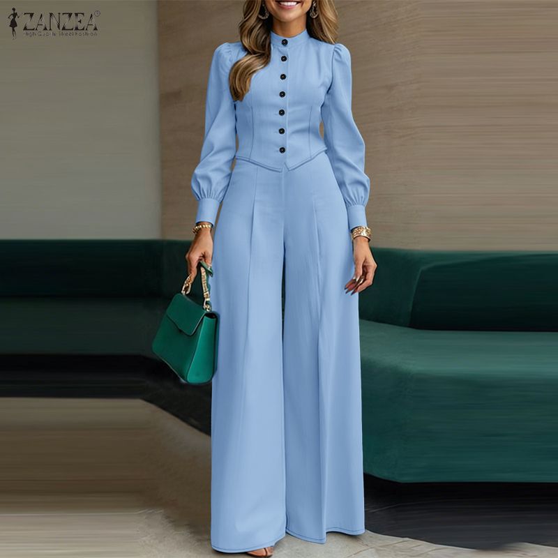 ZANZEA Women Long Sleeve Blouse and Long Pants Casual Two Piece Suit Sets S синий
