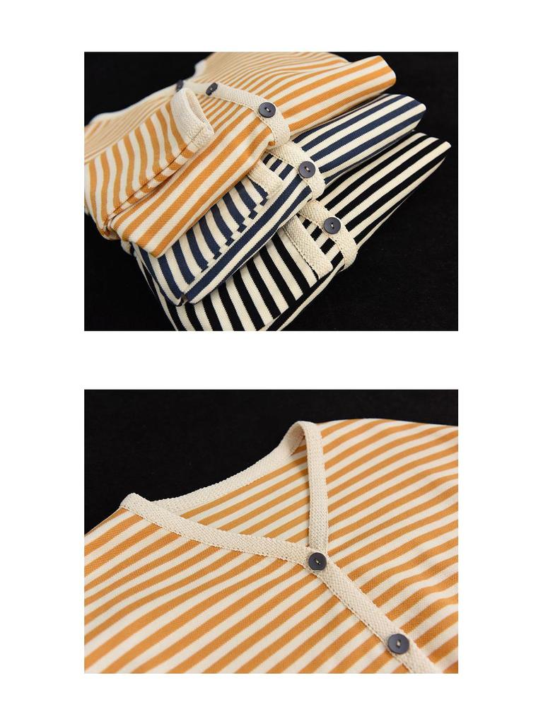 Spring Striped Webbing-Edged Single-Breasted Long Sleeve Women's Jacket Cardigan