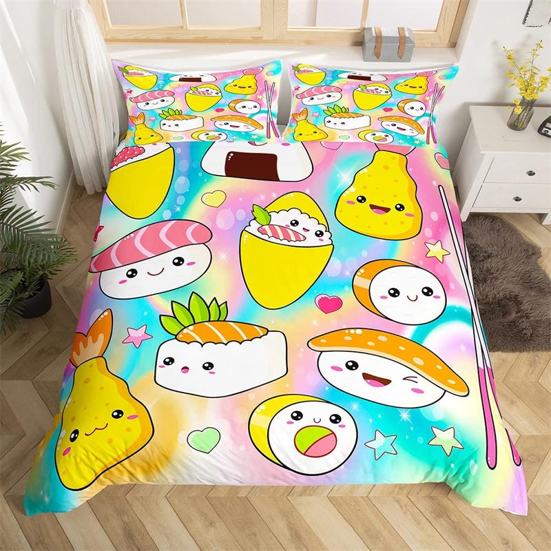 Cartoon Sushi Food Duvet Cover Twin For Kids Teen Microfiber Japanese Cuisine Bedding Set Kawaii Cat Cherry Blossoms Quilt Cover