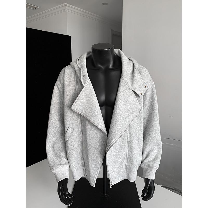 Men's Heavyweight Hooded Sweatshirt with Diagonal Zipper - Short, Boxy Fit