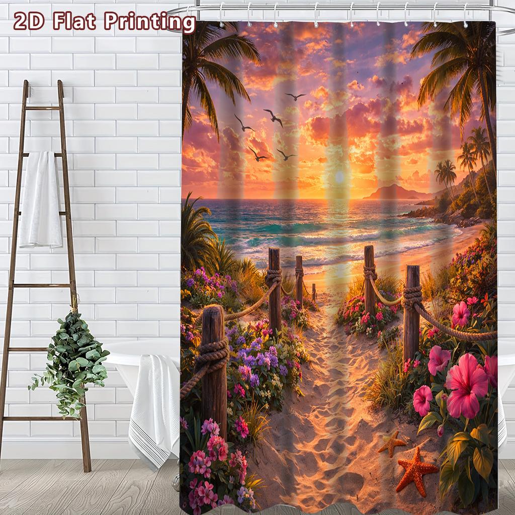 4Pcs Tropical Beach Palm Tree Shower Curtain Set with Non-Slip Bath Mat, Toilet Lid Cover, Contour Rug & 12 Hooks, Bathroom Decor