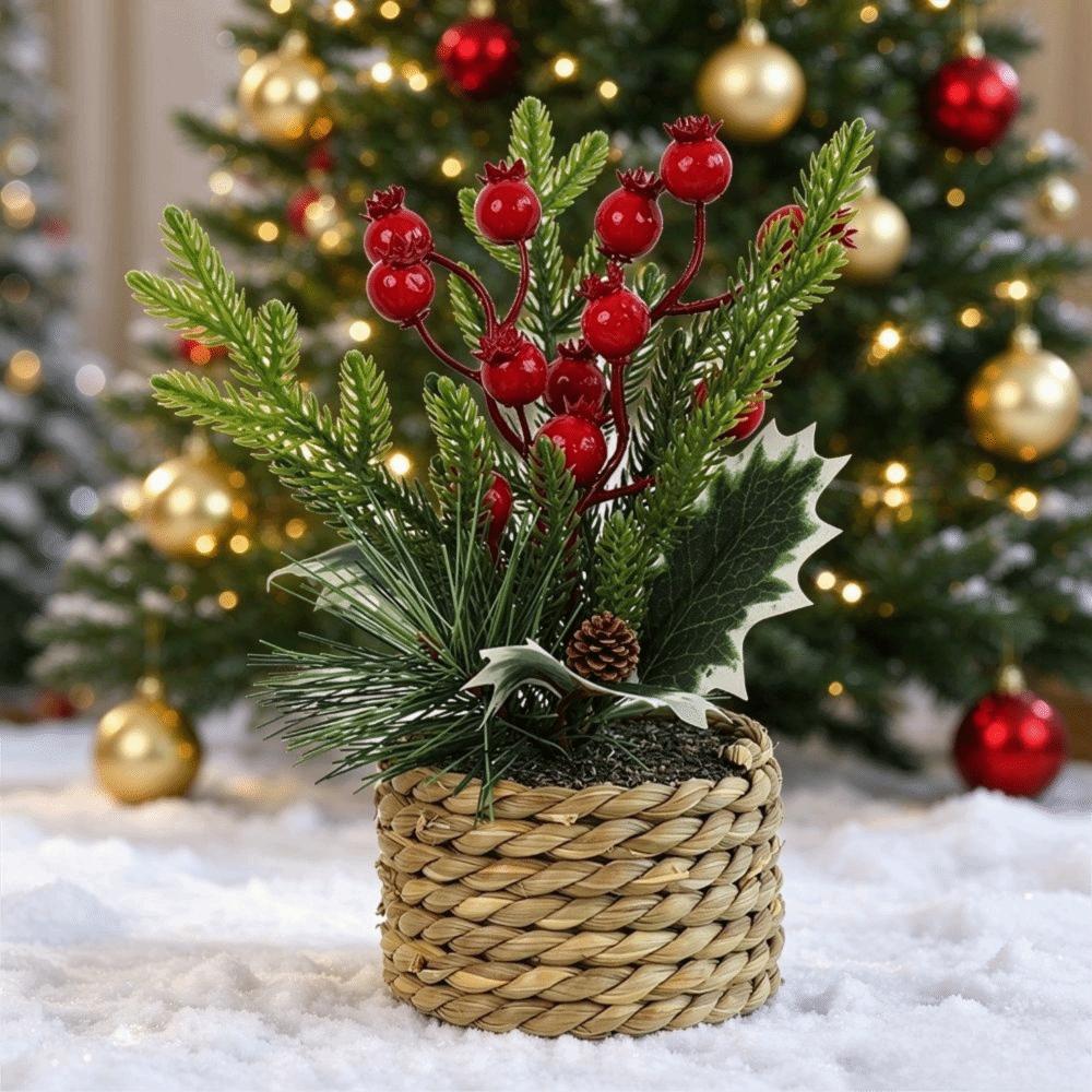 Faux Artificial Christmas Plant Woven Basket Mini Potted Plant Christmas Decor