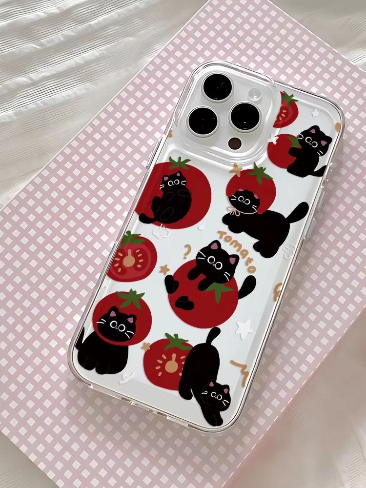 Ins Lovely Tomato Black Cat Cartoon Phone Case For Samsung Galaxy A14 A15 S21 S22 S23 S24 FE Plus Ultra A25 A35 A52 A53 A54 A55