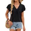 Summer Women's Solid Color V-neck Loose Short Sleeve T-shirt Double Layer Sleeve Casual Top for Europe USA Cross-border