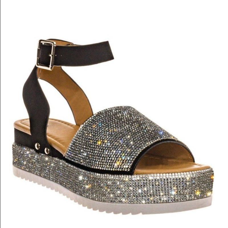 Large size women's shoes summer new large size thick-soled rhinestone sandals women's fish mouth color size women's sandals