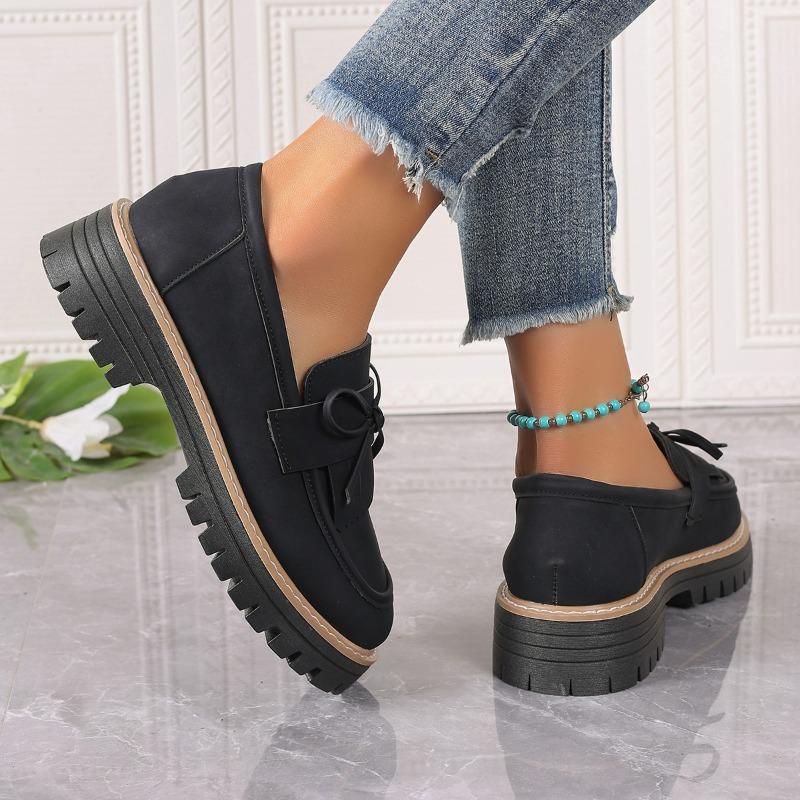 Women's Chunky Single Shoes Spring New Round Head Deep Mouth Suede Butterfly Knot Thick Sole Non-slip Loafers